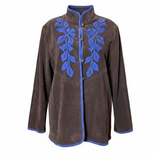VTG Boho Patchwork Suede Jacket Size L Brown Blue Mandarin Collar Western Chic